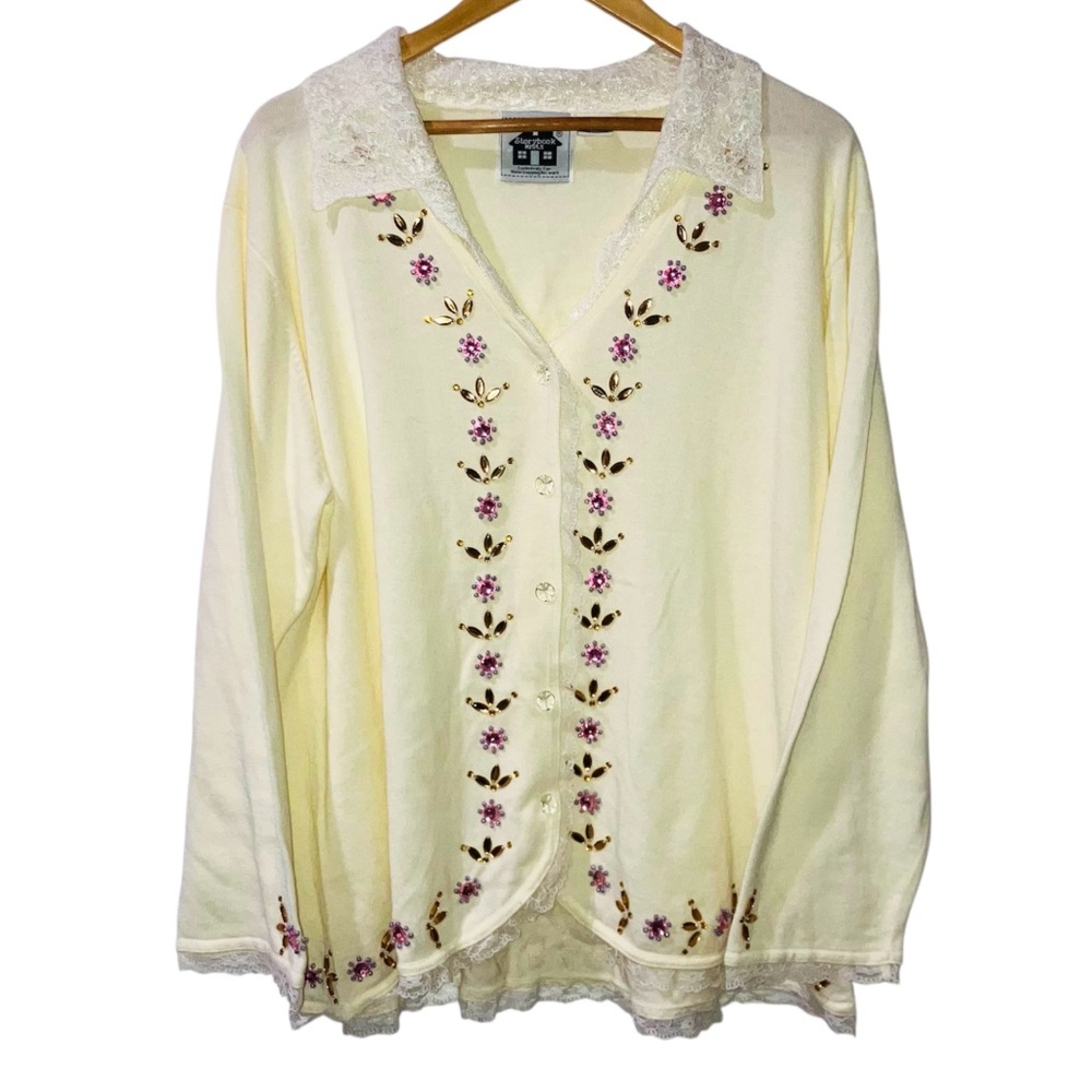 Storybook Knits Pale Yellow Embroidered Cardigan with Pink Floral Accents